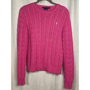 Ralph Lauren Pink 100% Cotton Cable Knit Crew Neck Sweater Neon Green Pony/Small